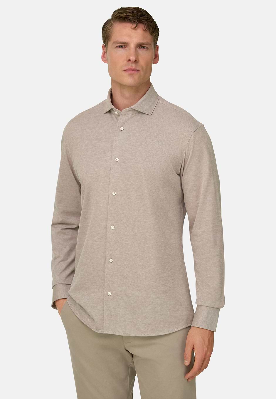 Piquet Open Collar Polo Shirt Regular Fit, Taupe, hi-res
