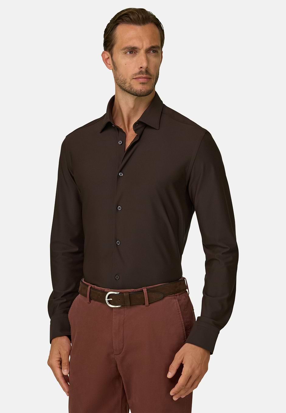 Overhemd in Elastisch Nylon B Tech Slim Fit, Brown, hi-res