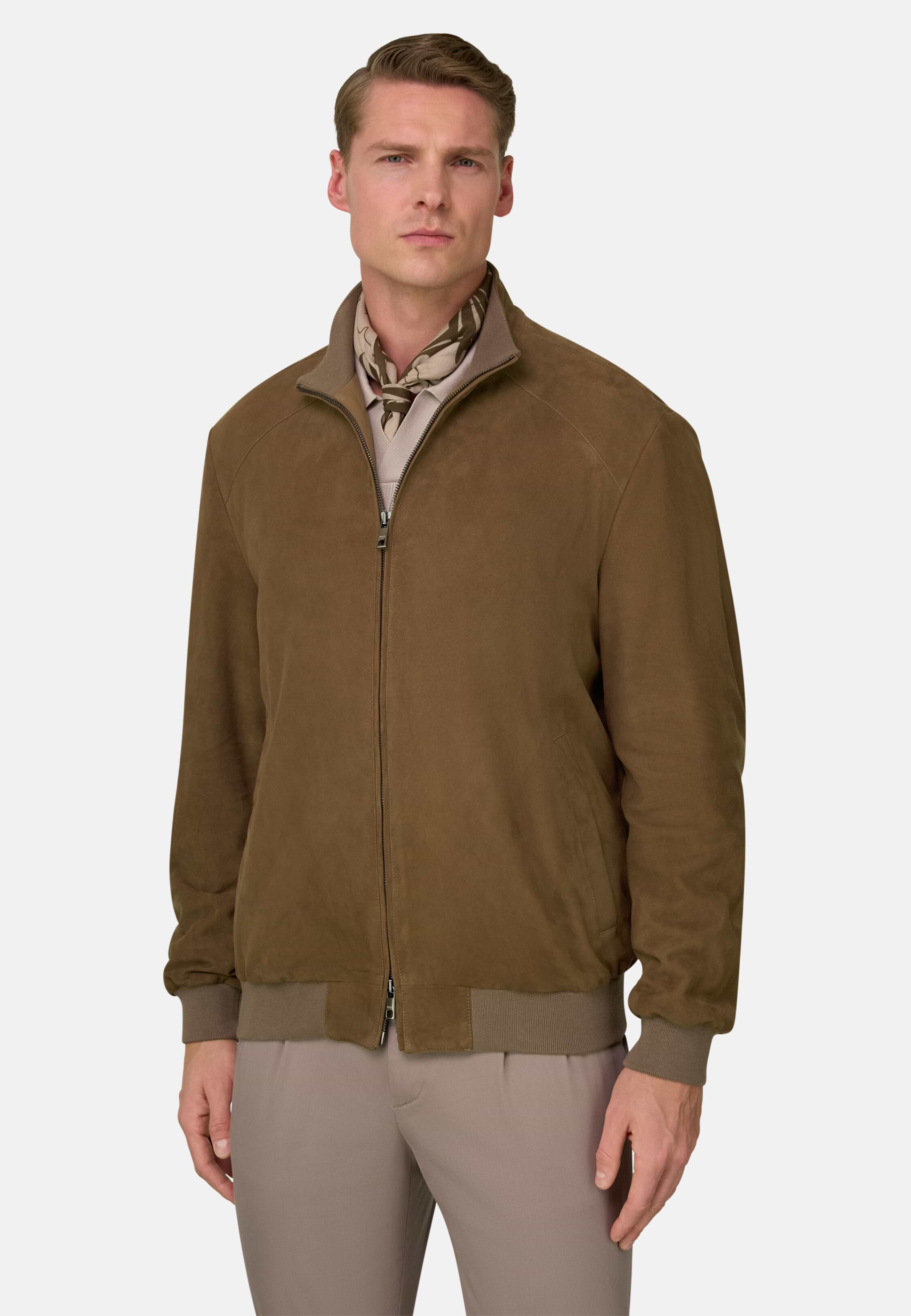 Men's Bomber Jacket in Genuine Suede Leather, Taupe | Boggi Milano