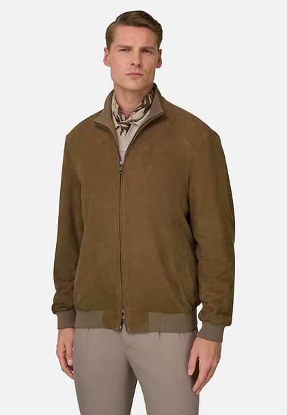 Bomber In Vera Pelle Scamosciato, Taupe, hi-res