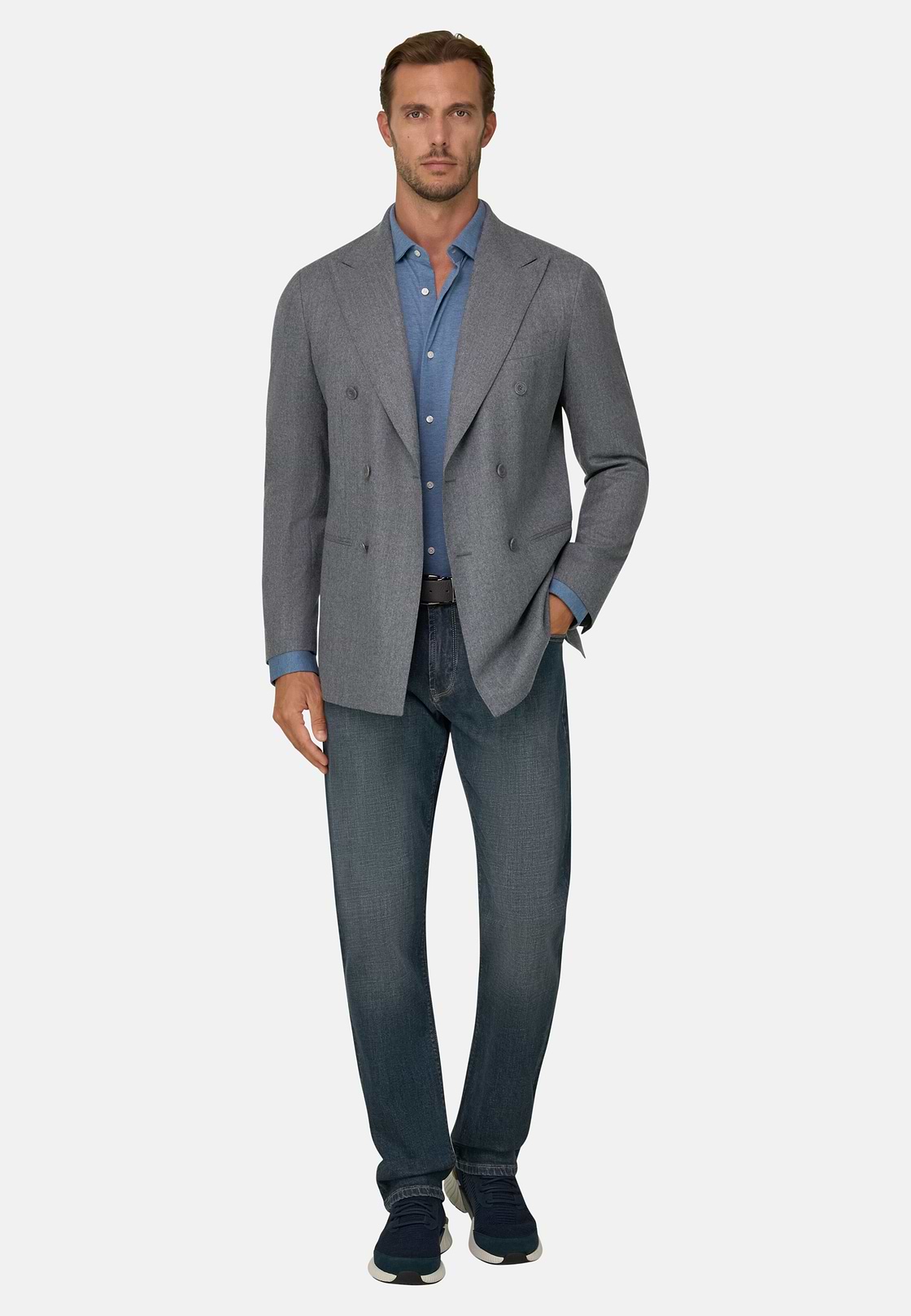 Double-Breasted Wool Flannel Blazer, Grey, hi-res, 2
