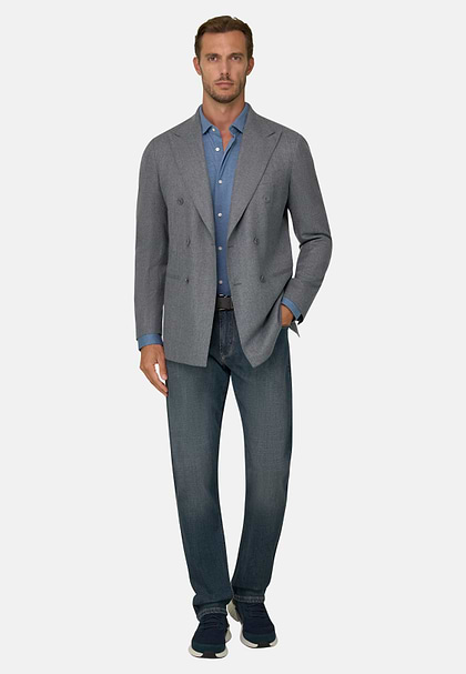 Double-Breasted Wool Flannel Blazer, Grey, hi-res