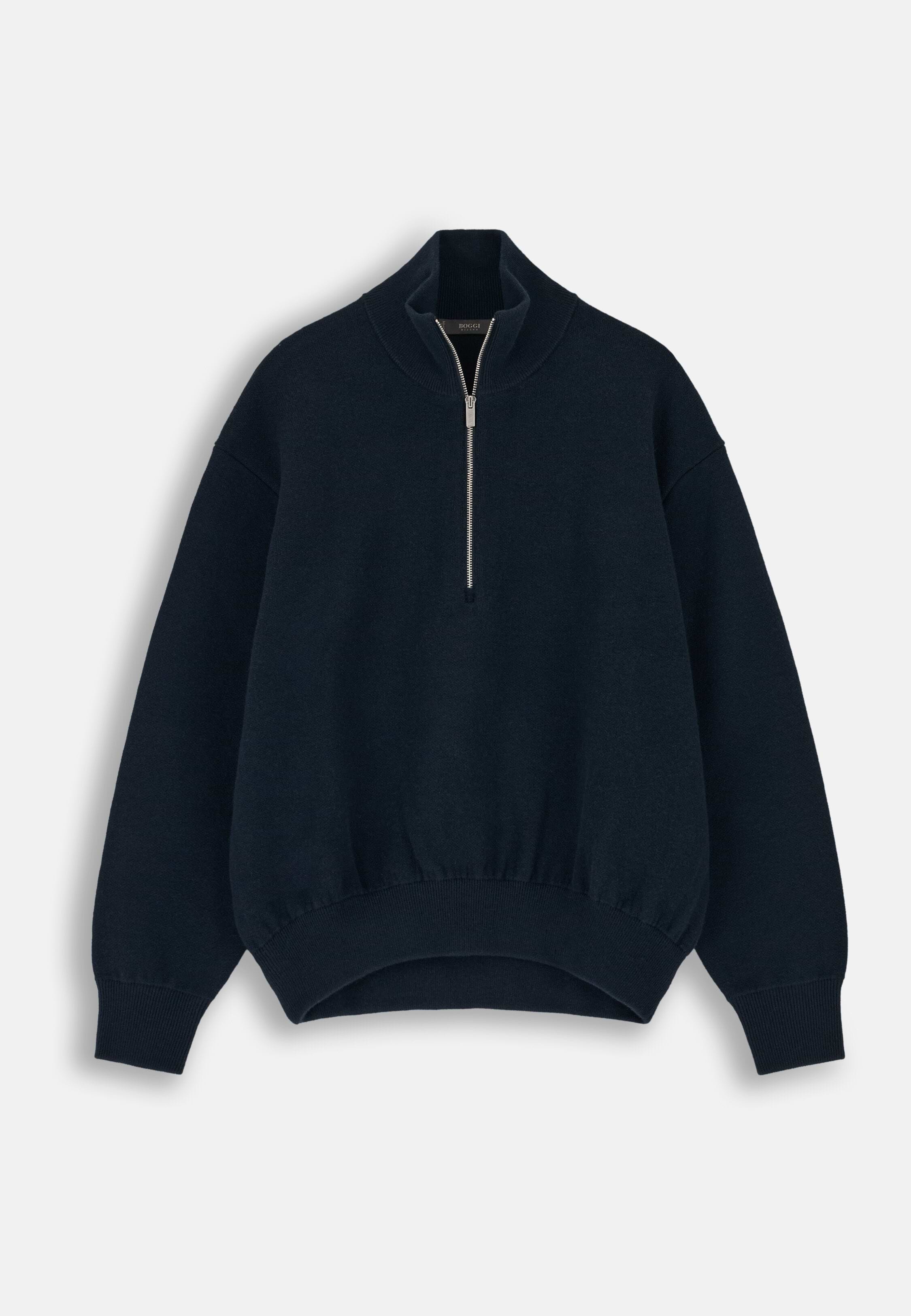 Quarter-Zip Jumper in Wool and Cashmere, Navy blue | Boggi Milano