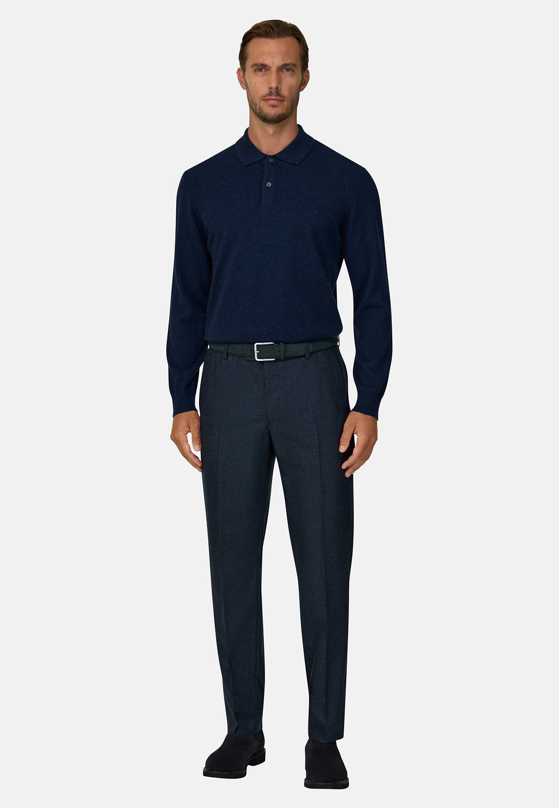 Knitted Polo Shirt in Cashmere Wool, Navy blue, hi-res, 2