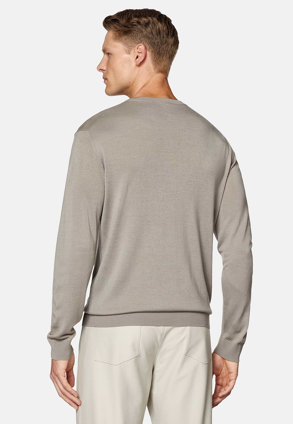 Taupe Crew Neck Jumper in Superfine Merino Wool, Taupe, hi-res