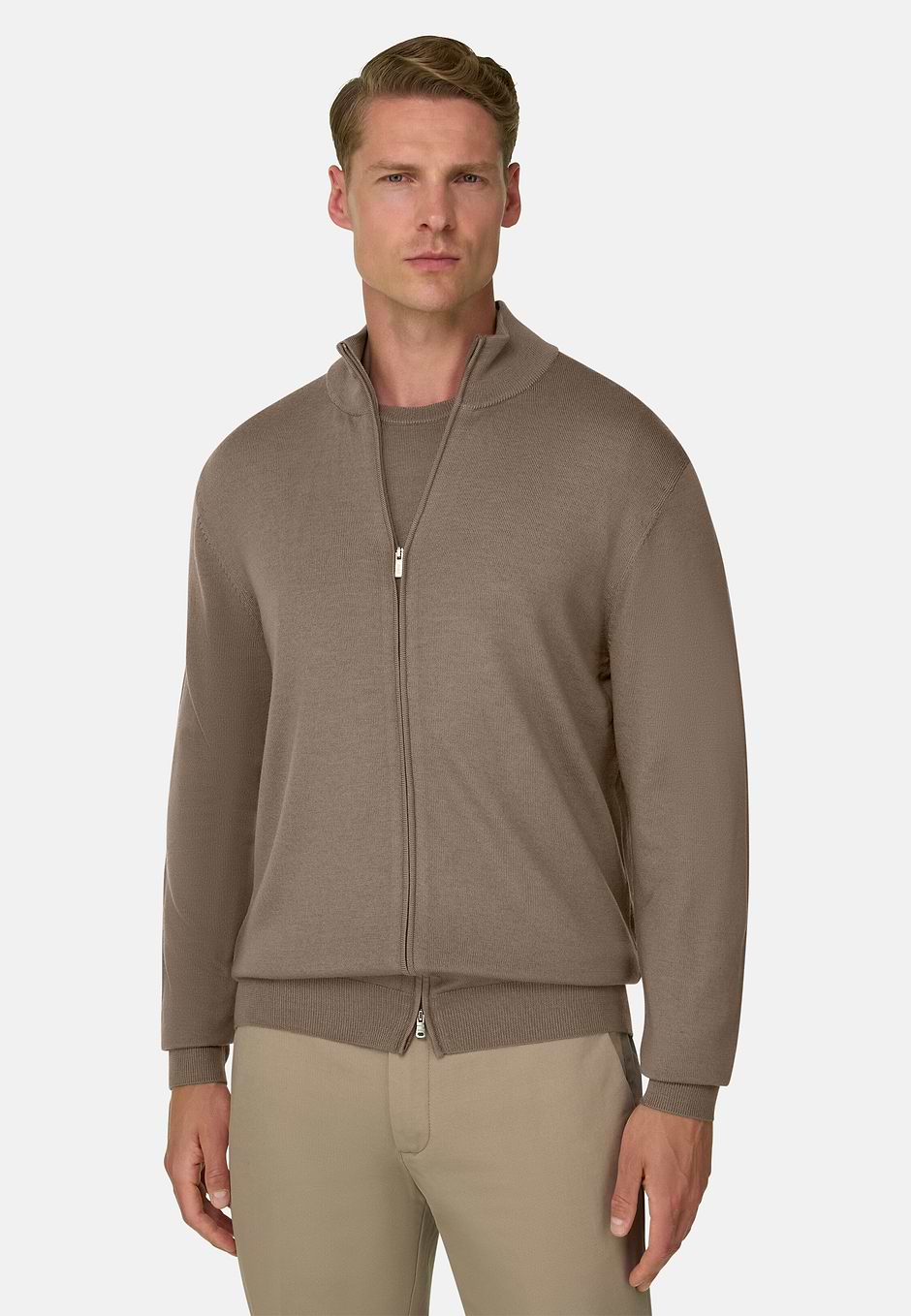 Full-Zip Jumper in Merino Wool, Taupe, hi-res