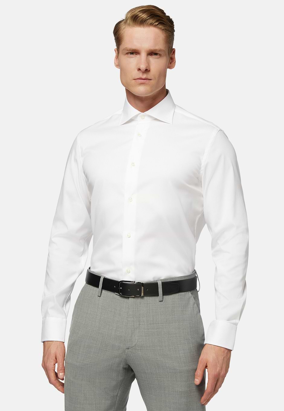 Camicia In Pin Point Di Cotone Slim Fit, Bianco, hi-res