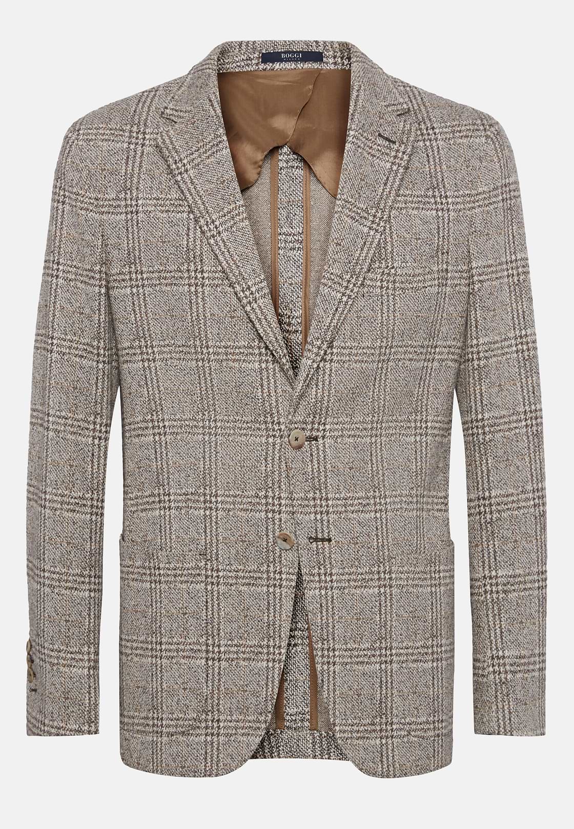 Brown Prince of Wales Check Jacket In Cotton Jersey, Brown, hi-res