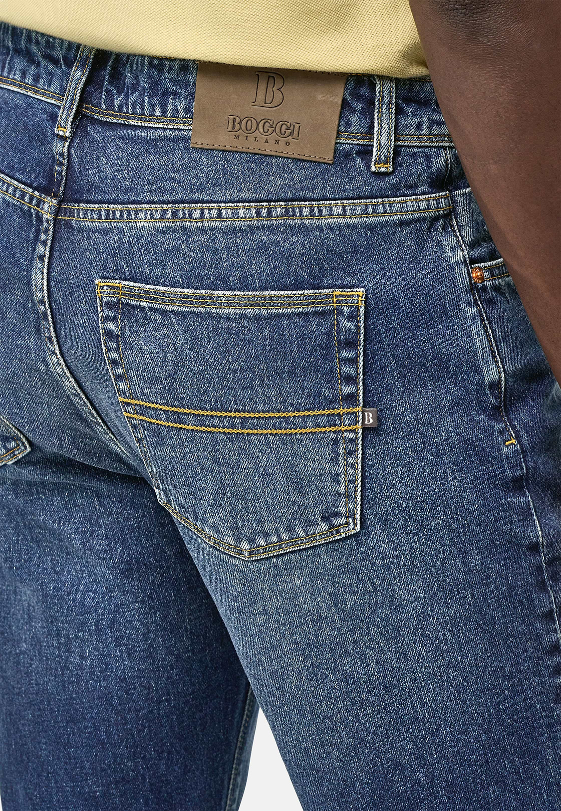 Jean En Denim Extensible Bleu À Délavage Moyen, Bleu, hi-res