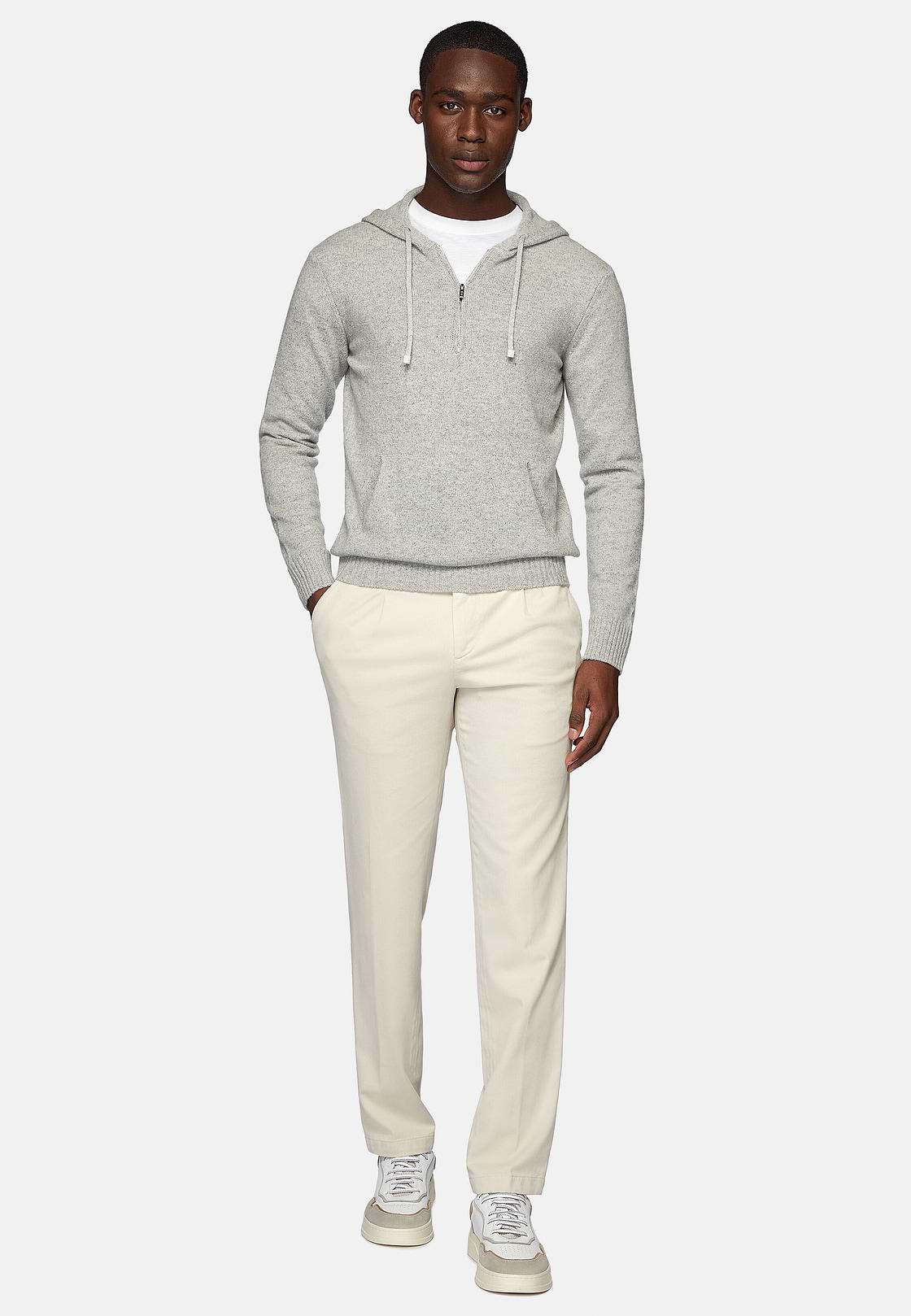 Grey Half Zip Hooded Jumper In Cashmere, Grey, hi-res