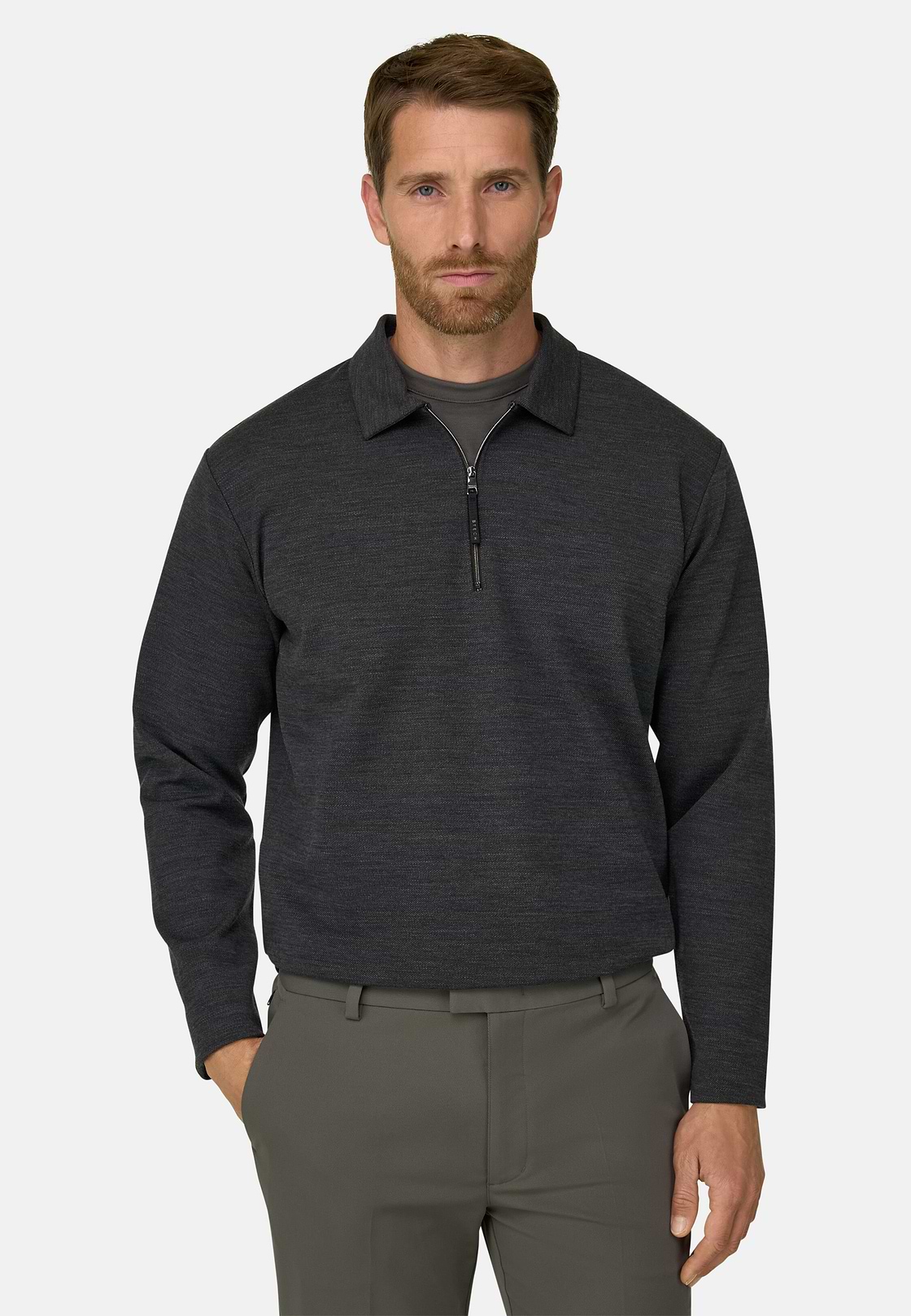 Quarter-Zip Sweatshirt in WOOLTECH Wool Blend Diagonal, Charcoal, hi-res, 1