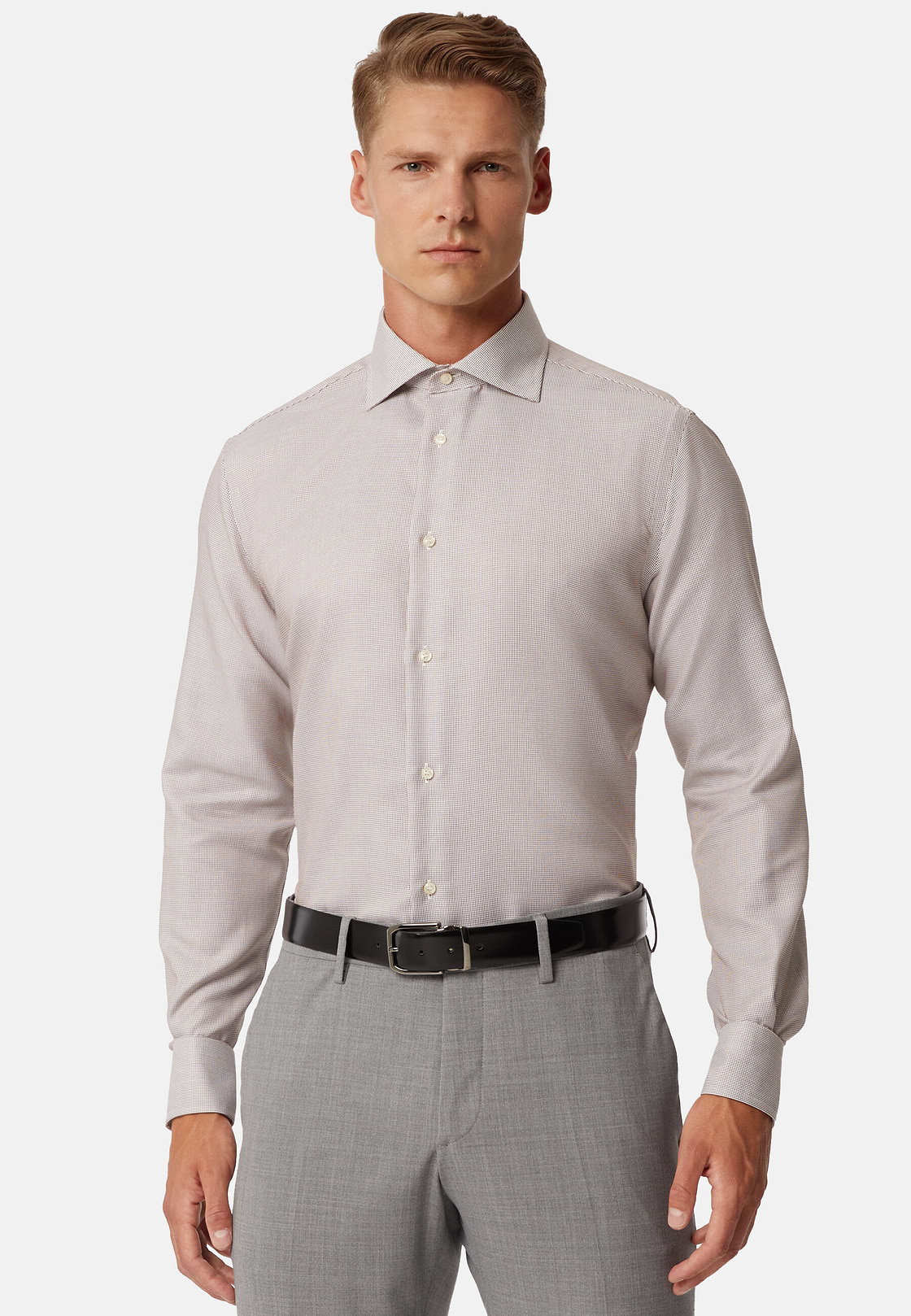 Camicia In Cotone Dobby Marrone Regular Fit, Marrone, hi-res