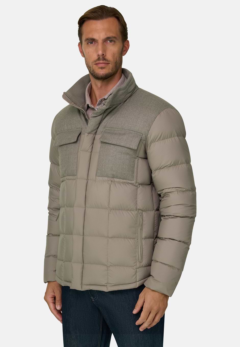 Bomber Flyn En Flanelle et Tissu Technique Plume, Sable, hi-res