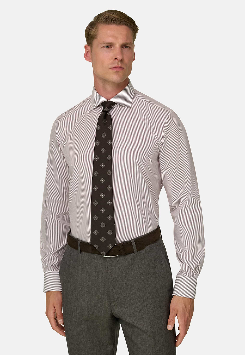 Camicia a Righe in Cotone Non-Iron Slim Fit, Burgundy, hi-res