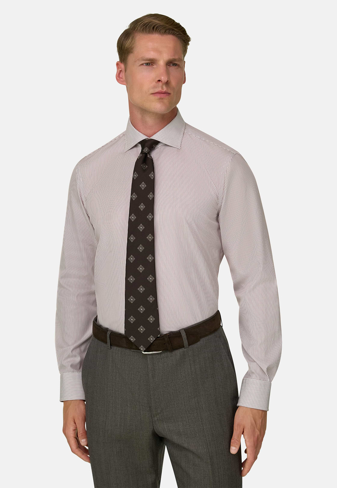 Overhemd Gestreept Katoen Non-Iron Slim Fit, Burgundy, hi-res, 1