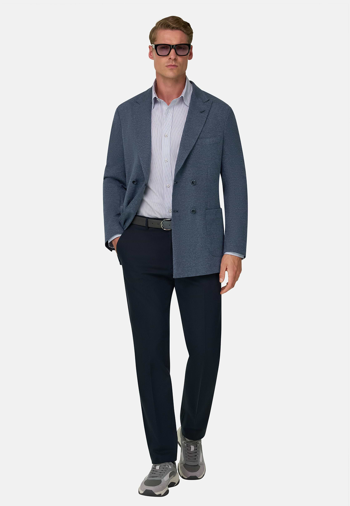 BROOKLYN | Double-Breasted Micro Patterned Blazer in Cotton and Wool, Indigo, hi-res, 2