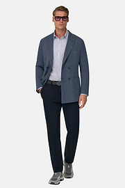 BROOKLYN | Double-Breasted Micro Patterned Blazer in Cotton and Wool, Indigo, thumb, 2