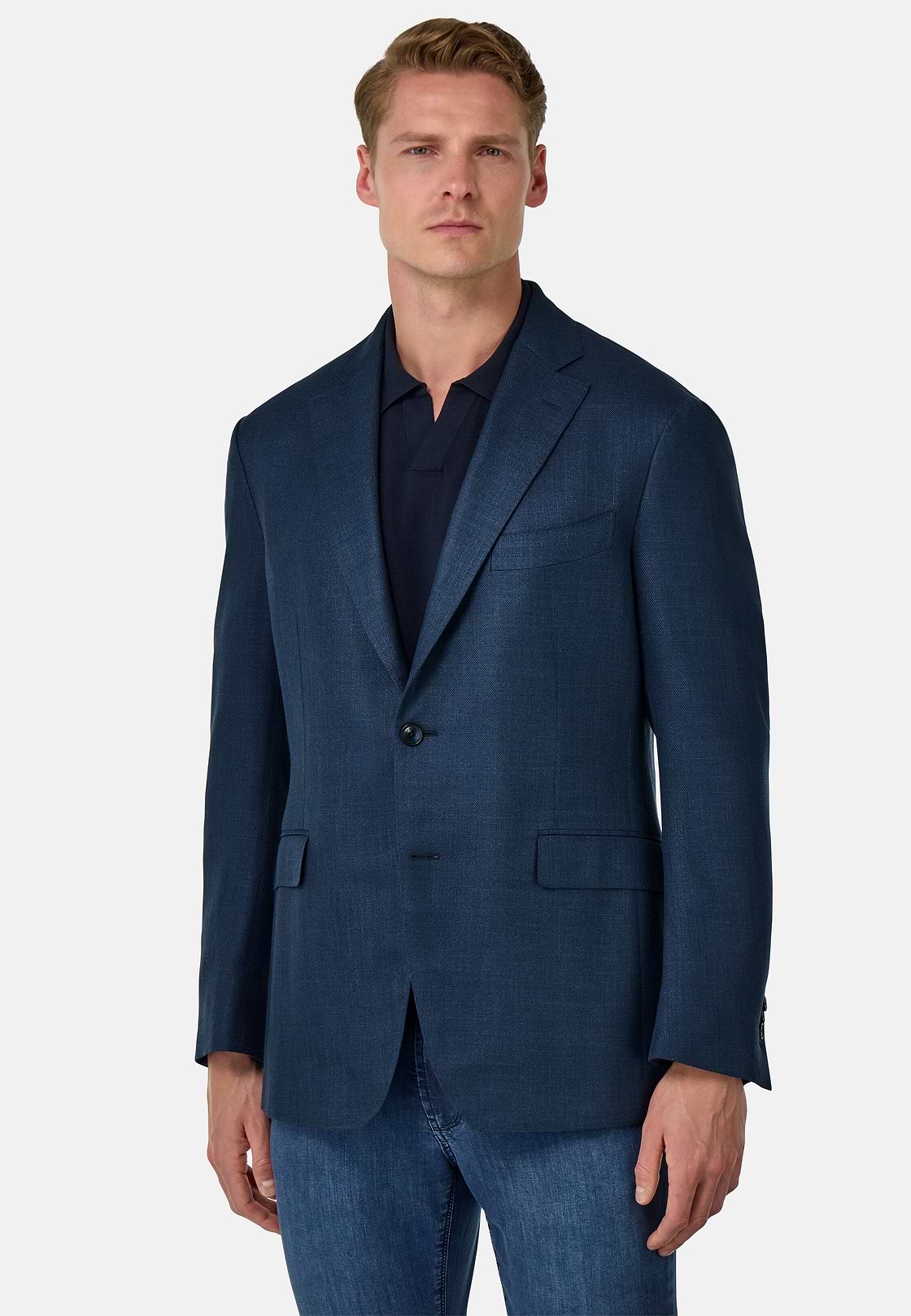 Veste En Laine Soie Et Lin, Bleu, hi-res