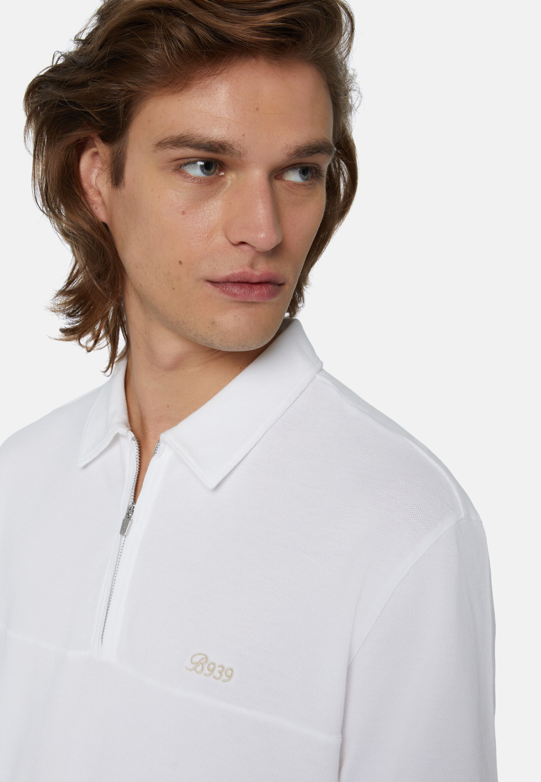 Organic Cotton Blend Piqué Polo Shirt, White, hi-res