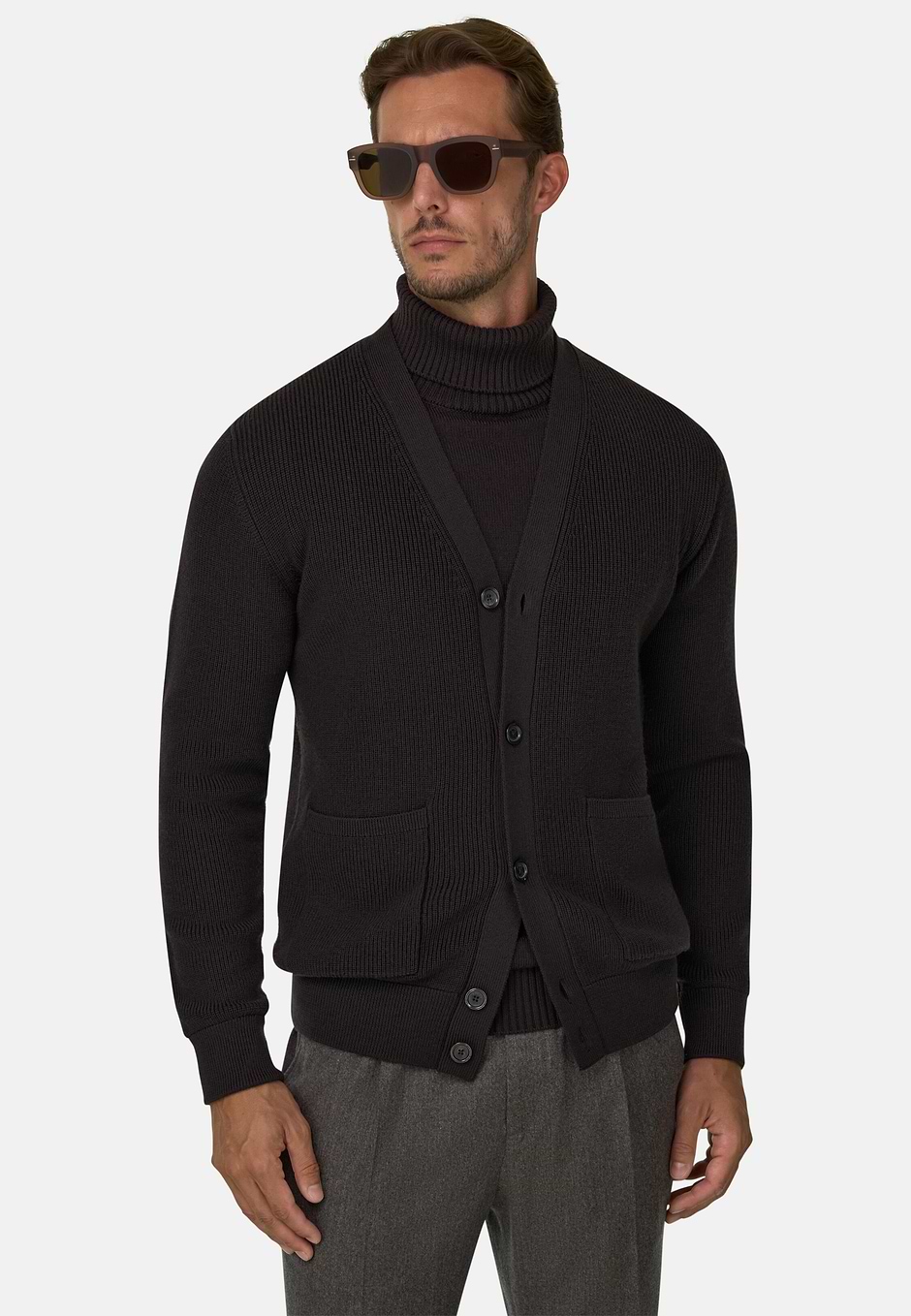 Cardigan aus extrafeiner Merinowolle, Dunkelbraun, hi-res