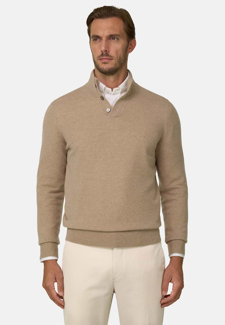 Roll Neck Jumper Buttons in Wool Cashmere, Beige, hi-res