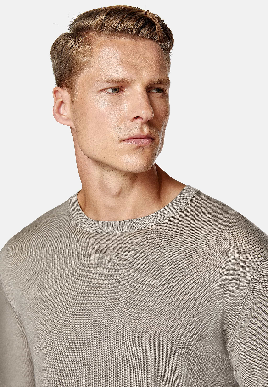 Taupe Crew Neck Jumper in Superfine Merino Wool, Taupe, hi-res