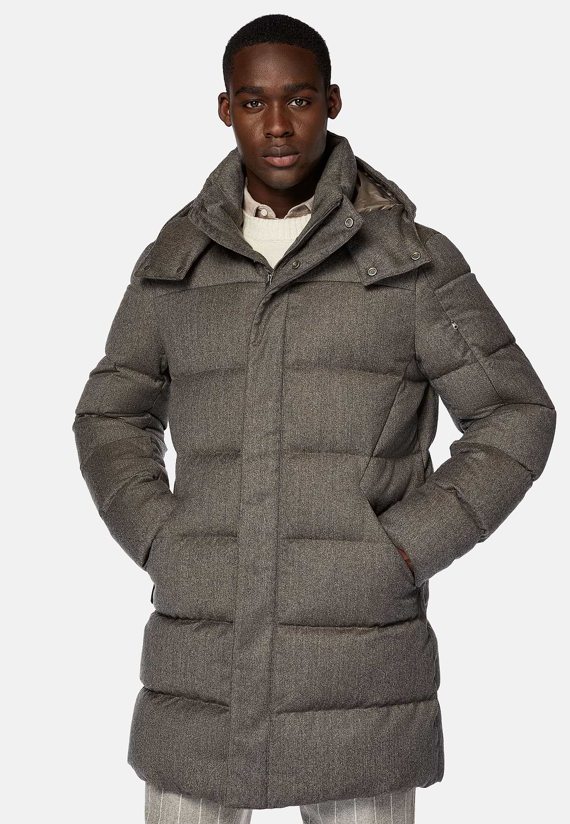 Parka In Flanella Imbottito In Piuma D`Oca, Taupe, hi-res