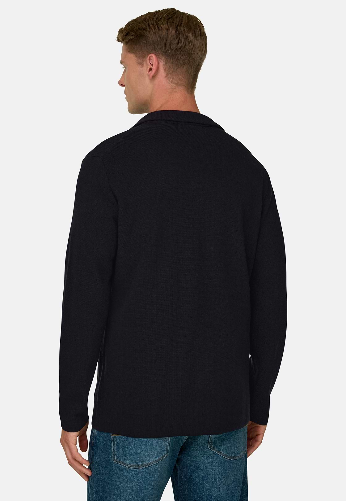 Knitted Jacket in Extrafine Merino Wool, Navy blue, hi-res, 4