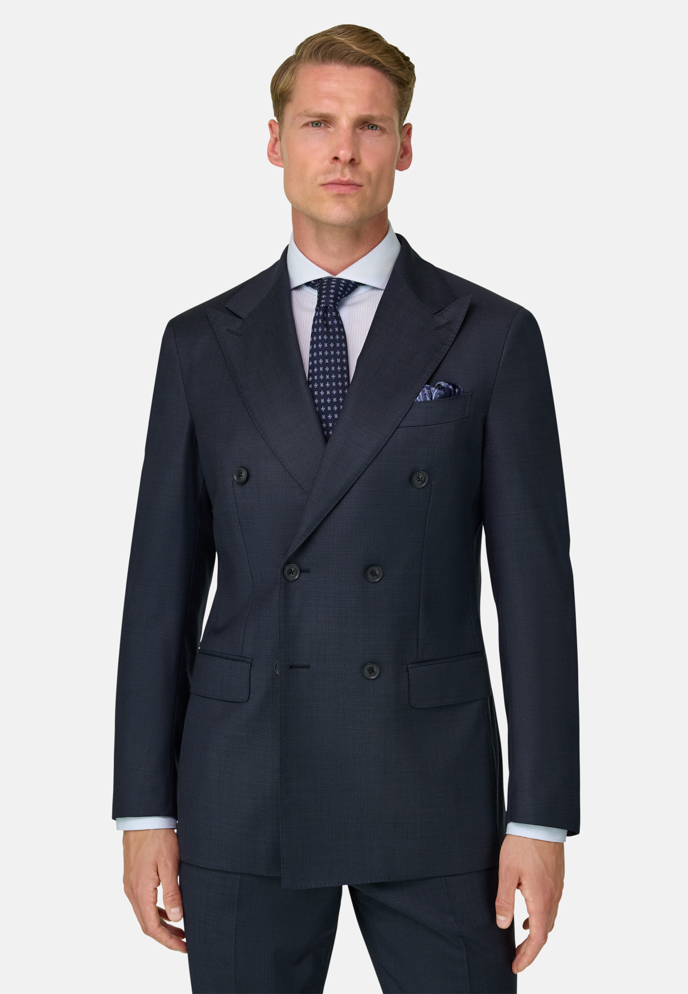Men's Double-Breasted Pattern Wool Suit, Navy blue | Boggi Milano