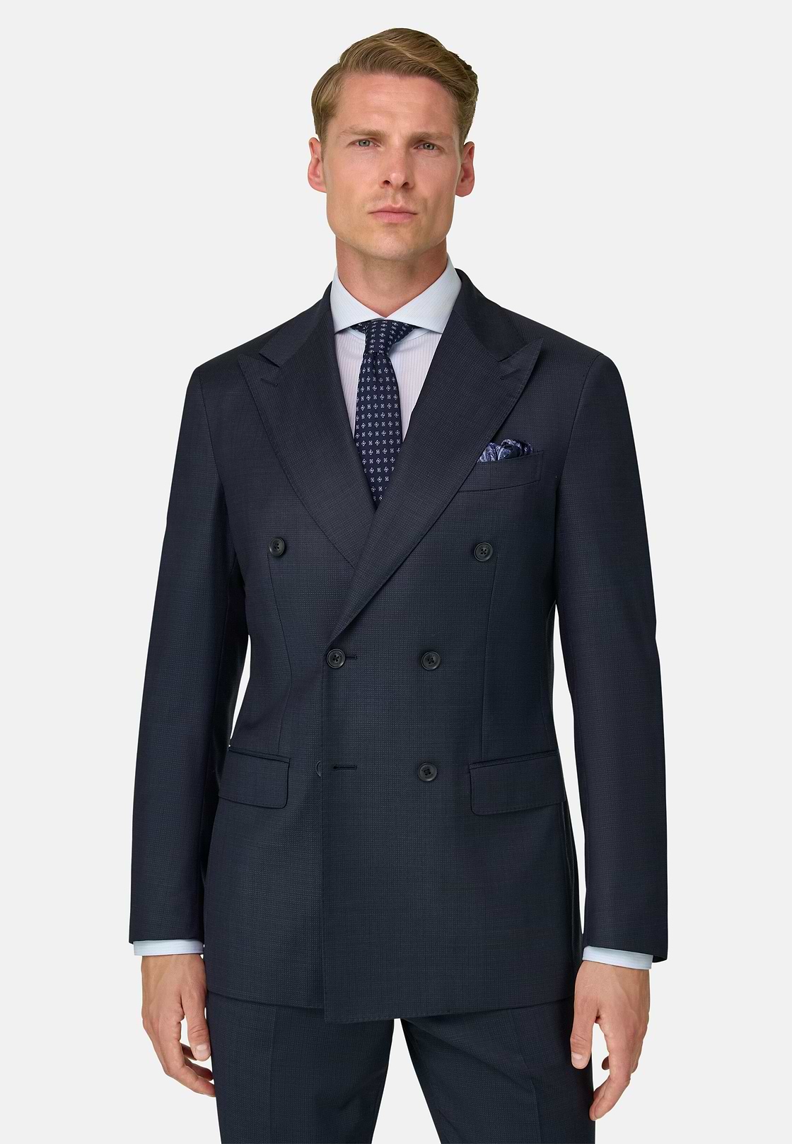 Double-Breasted Pattern Wool Suit, Navy blue, hi-res, 1