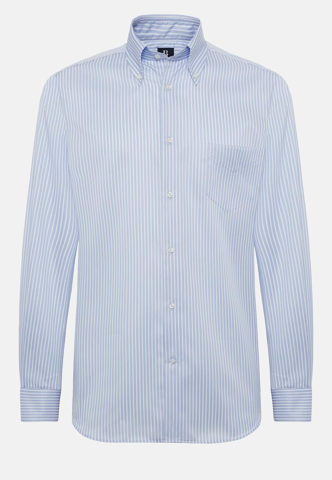 Chemise En Coton À Rayures Bleu Clair Regular Fit, Bleu clair, hi-res