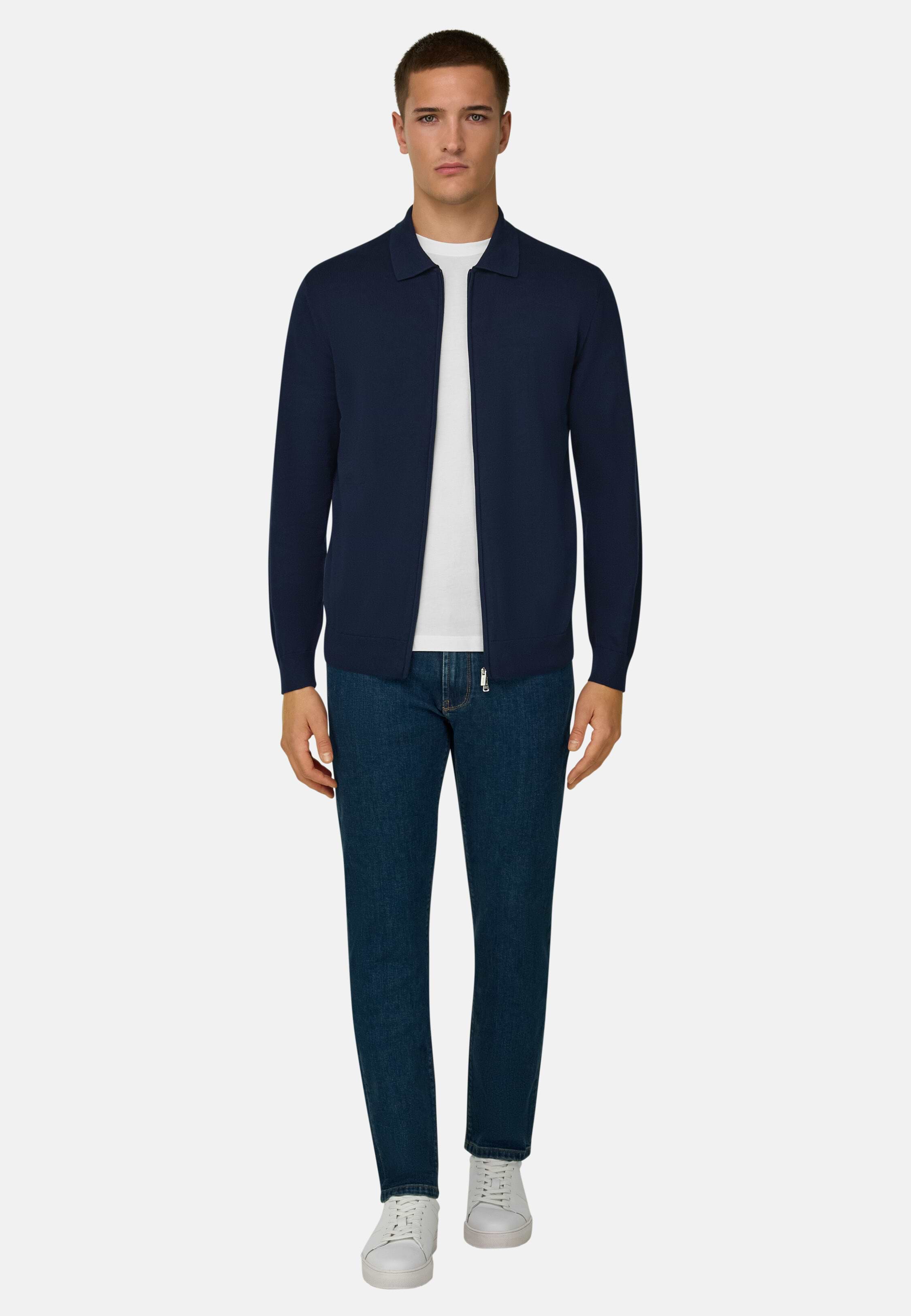 Men's Cotton Full Zip Shirt Collar Sweater, Navy blue | Boggi Milano