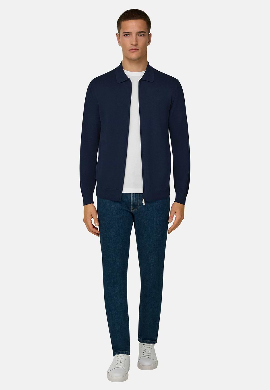 Cotton Full Zip Shirt Collar Sweater, Navy blue, hi-res