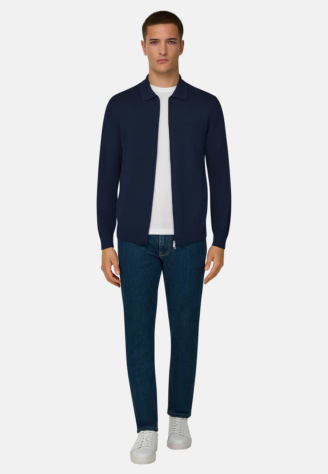 Maglia Full Zip In Cotone, Navy, hi-res, 2