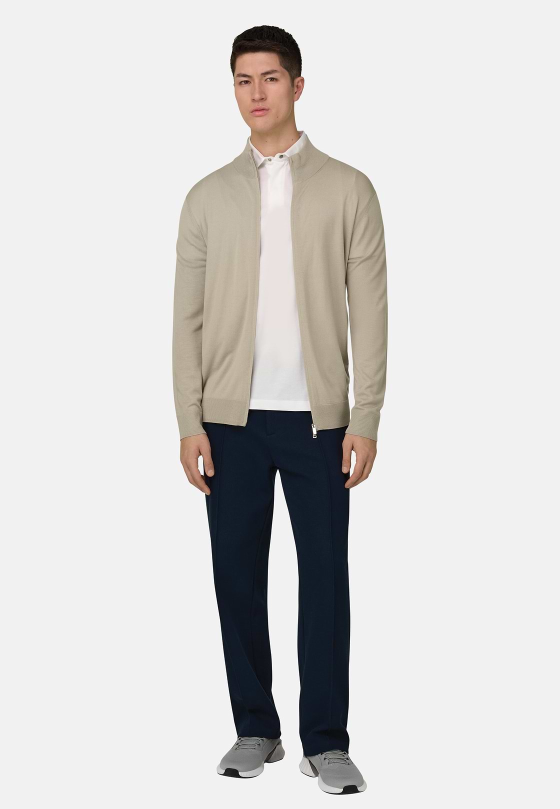 Full-Zip Jumper in Superfine Wool, Sand, hi-res, 2