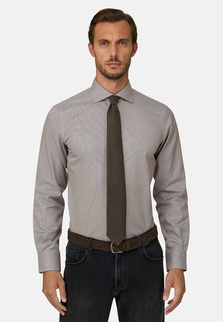 Camicia Pied de Poule in Cotone Non-Iron Regular Fit, Marrone, hi-res