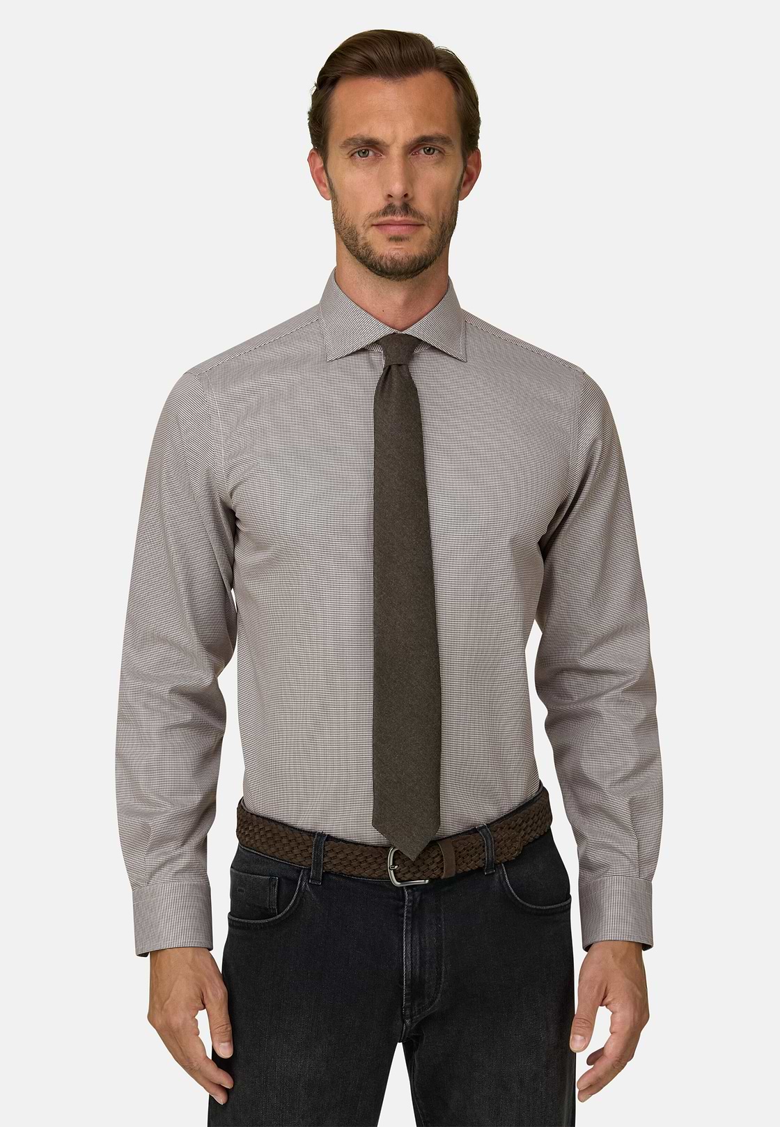 Houndstooth Cotton Shirt Regular Fit, Brown, hi-res, 1