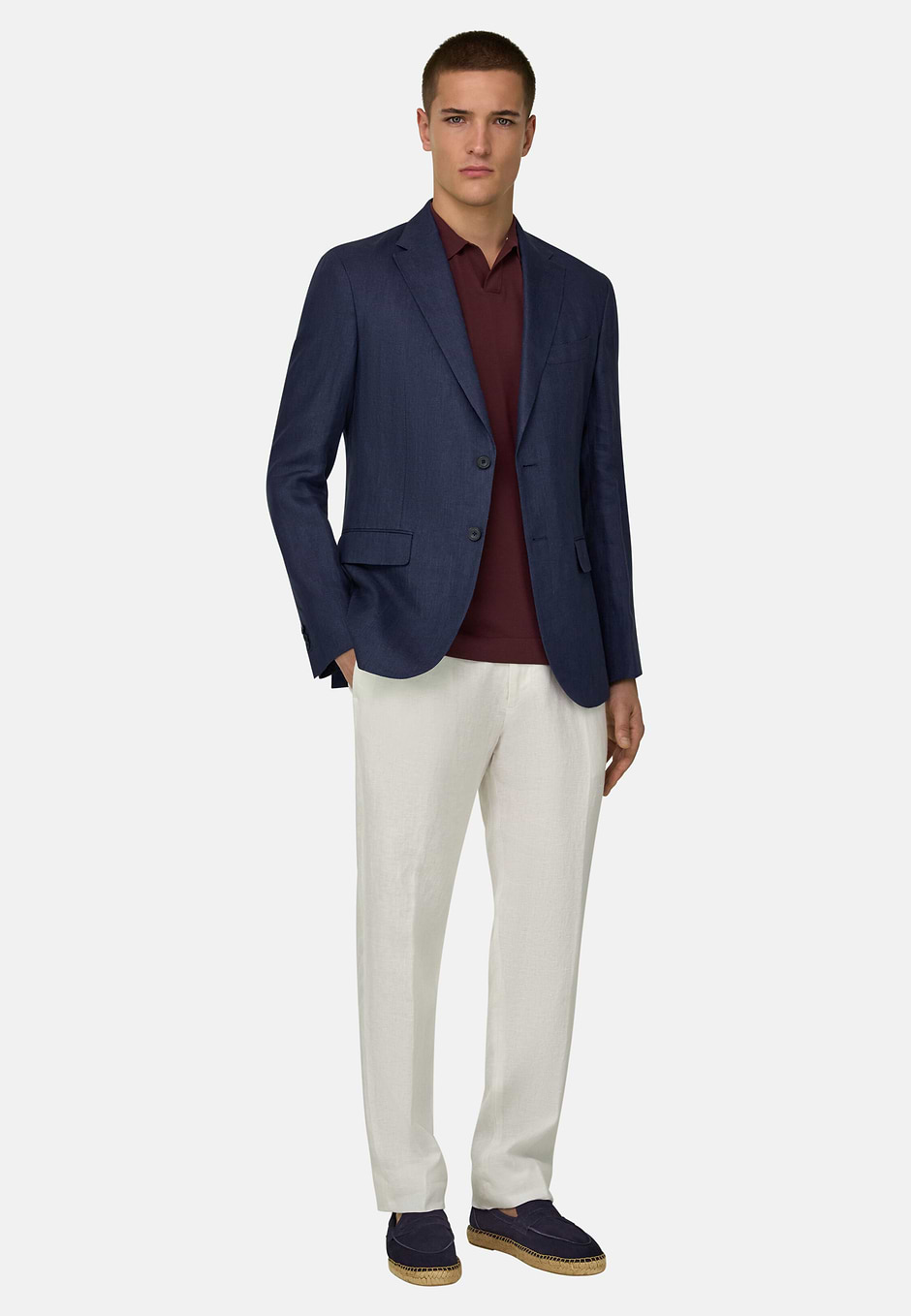 Micro Textured Jacket in Pure Linen, Blue, hi-res