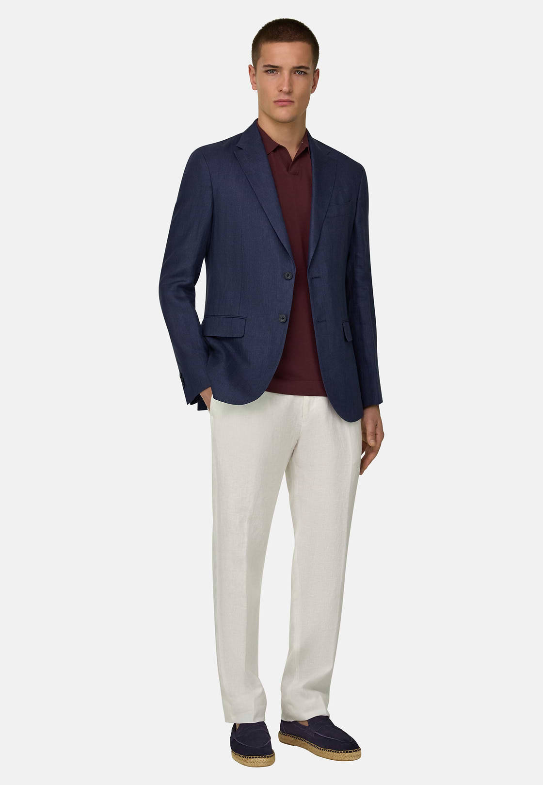 Micro Textured Jacket in Pure Linen, Blue, hi-res, 2