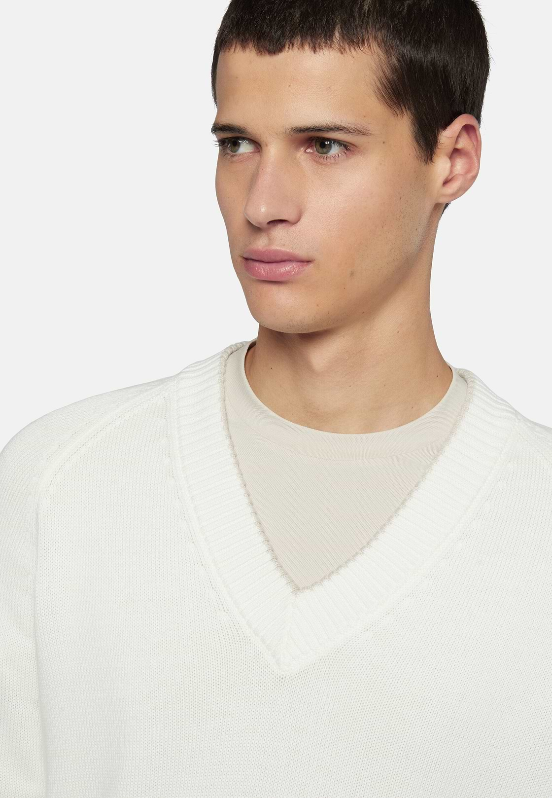 Camisola de gola em V de algodão orgânico branco, White, hi-res