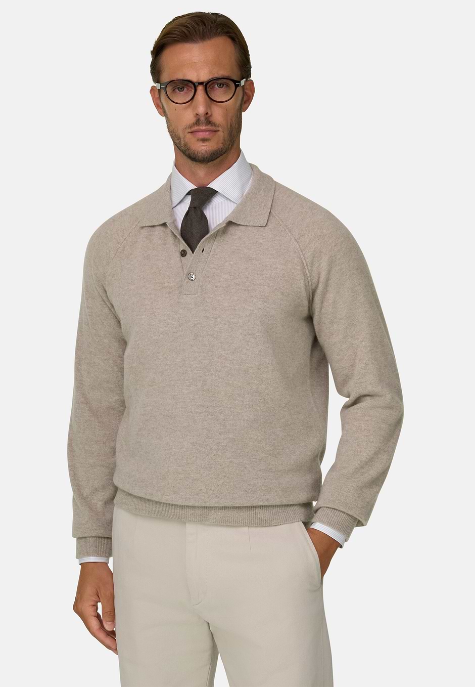 Knitted Polo Shirt in Merino Wool and Yak, Sand, hi-res