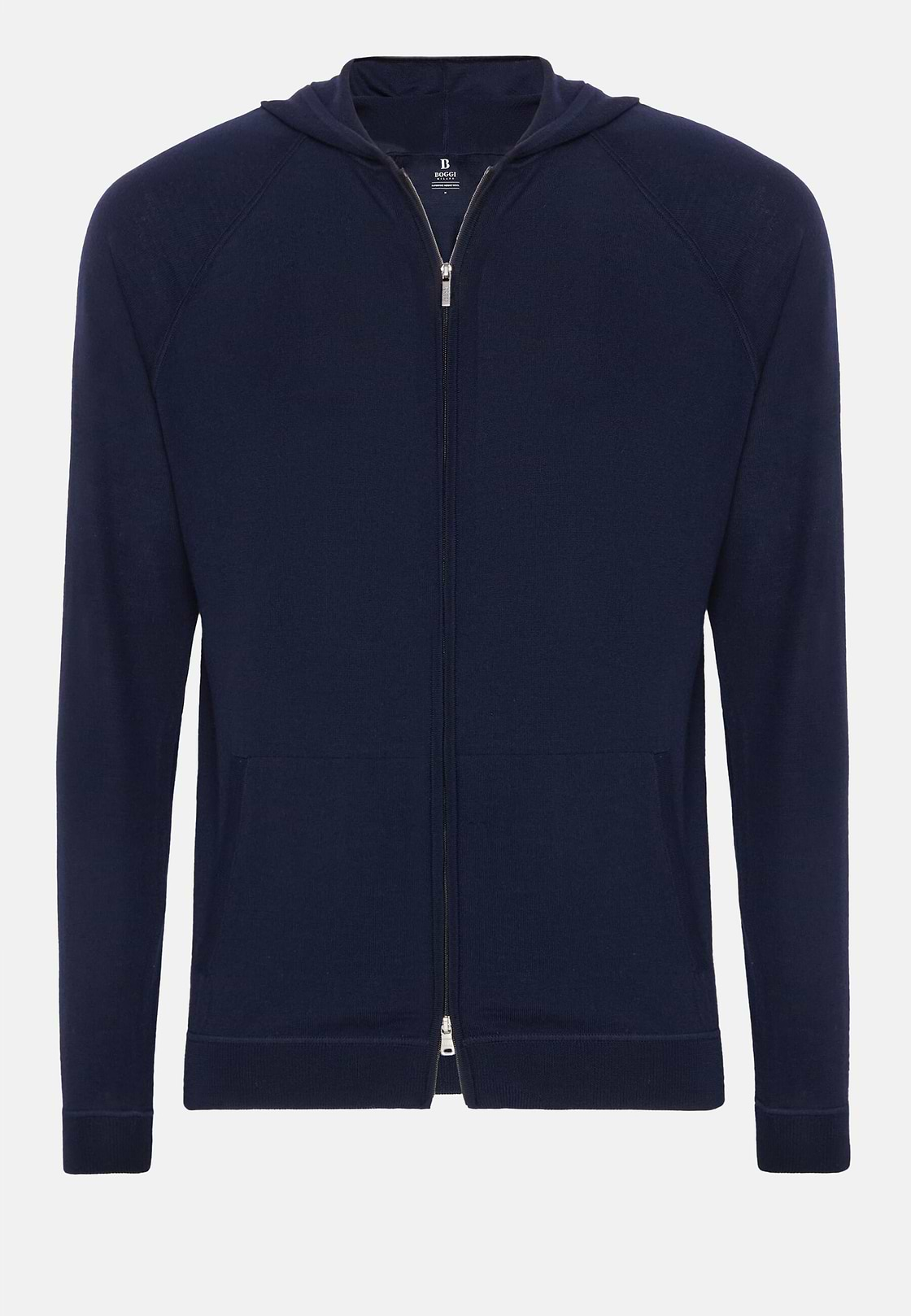 Navy Full Zip Hooded Jumper In Merino Wool, Navy blue, hi-res