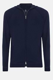 Navy Full Zip Hooded Jumper In Merino Wool, Navy blue, hi-res