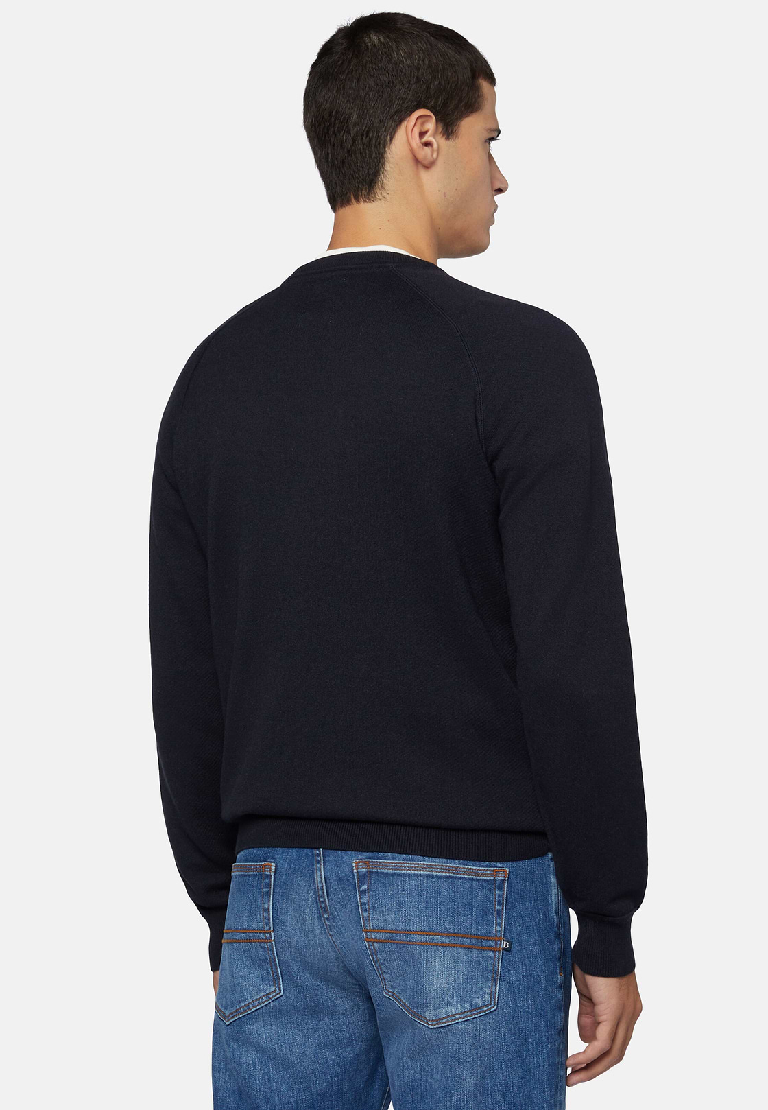 Navy Crew Neck Jumper in Cotton, Silk and Cashmere, Navy blue, hi-res