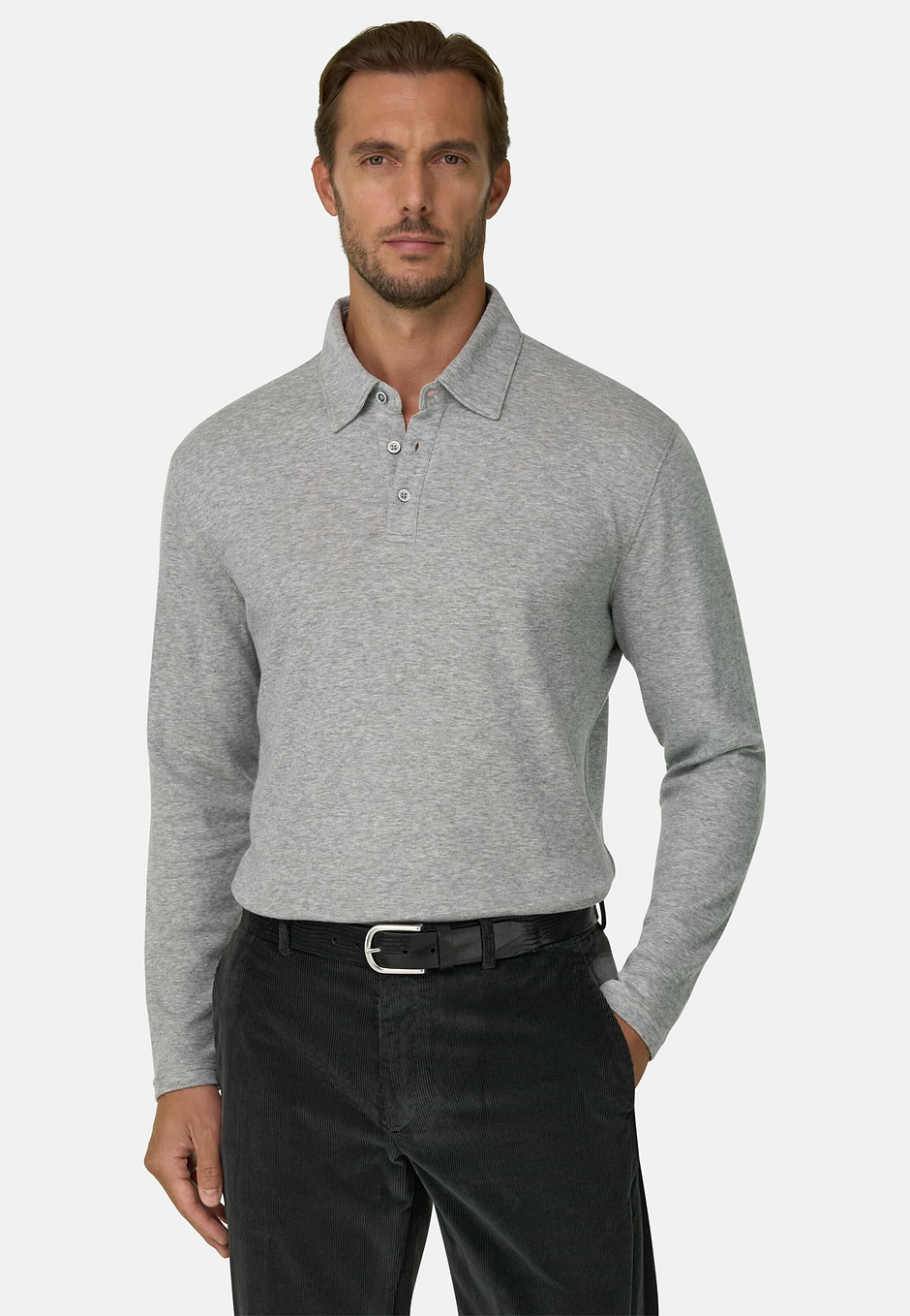 Polo en Jersey de Algodón y Cachemira, Gris, hi-res
