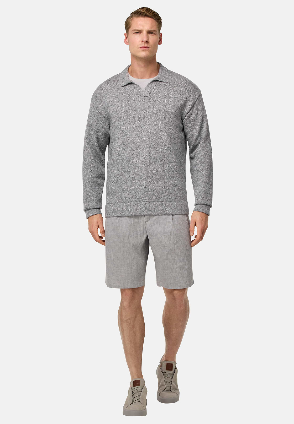 Cotton and Silk Knitted Polo Shirt, Grey, hi-res