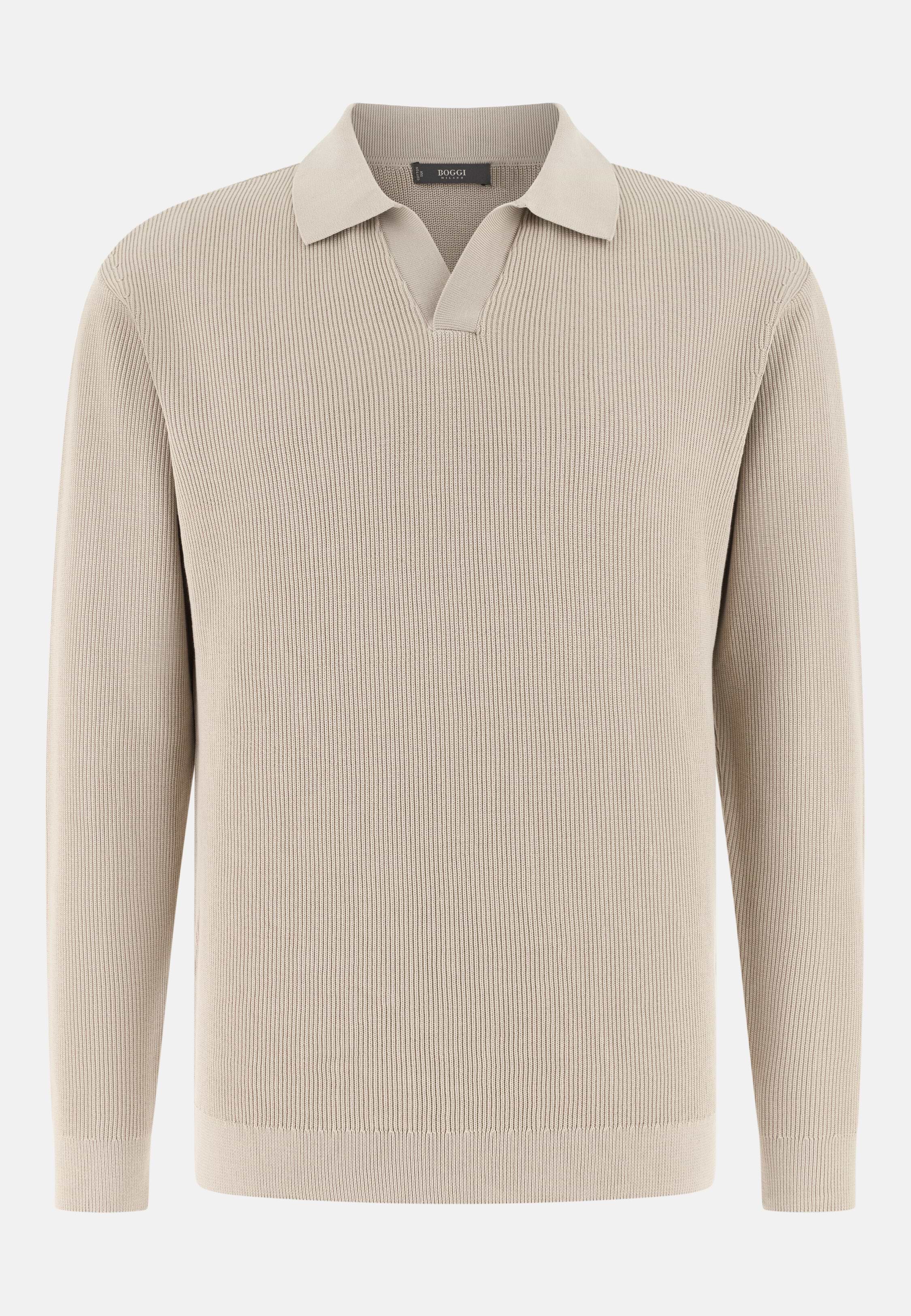 Men's Cotton and Silk Knitted Polo Shirt Long Sleeve, Sand | Boggi