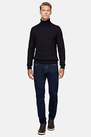 Navy Merino Wool Polo Neck Pullover, Navy blue, hi-res