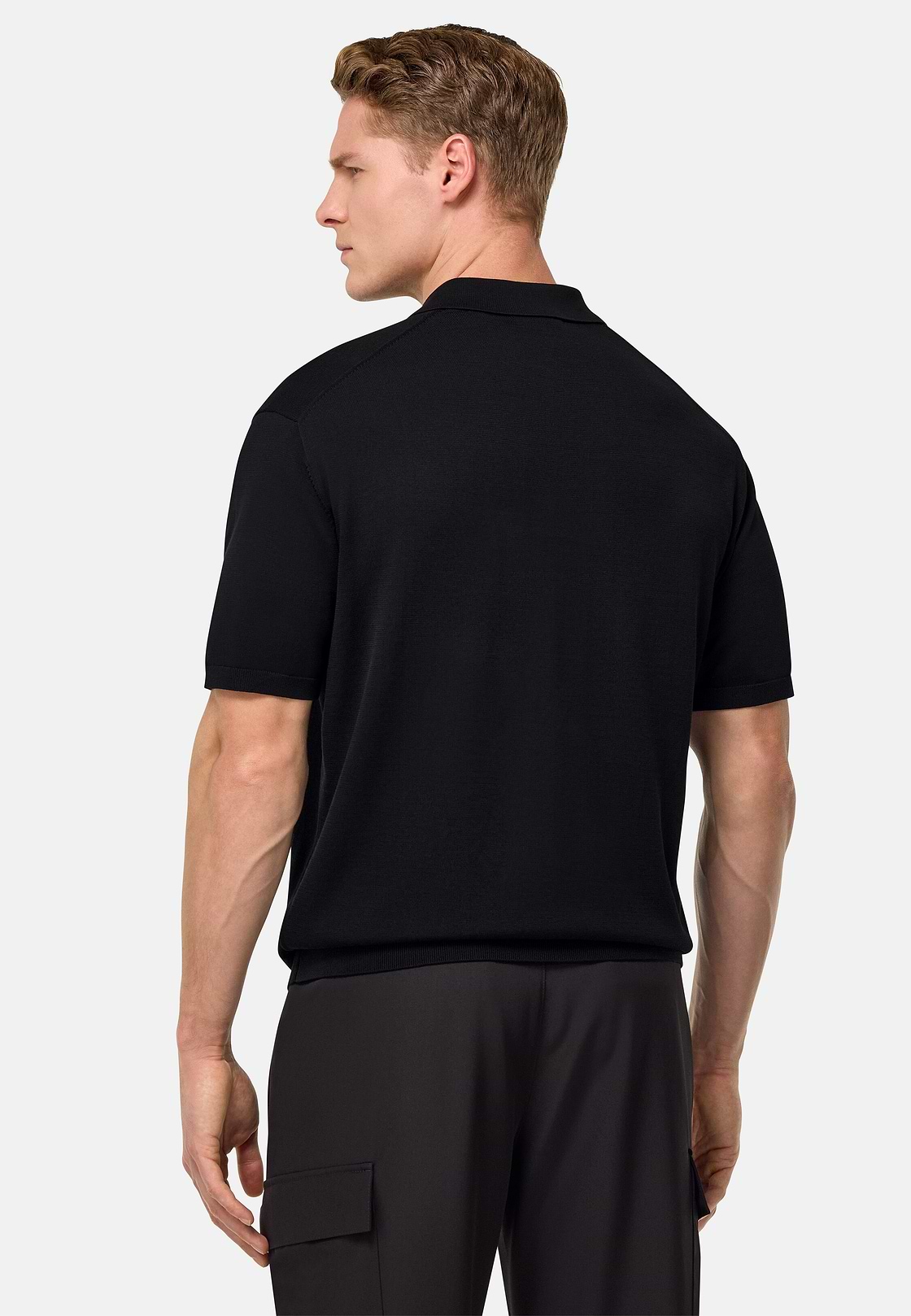 Cotton and Silk Knitted Polo Shirt, Black, hi-res