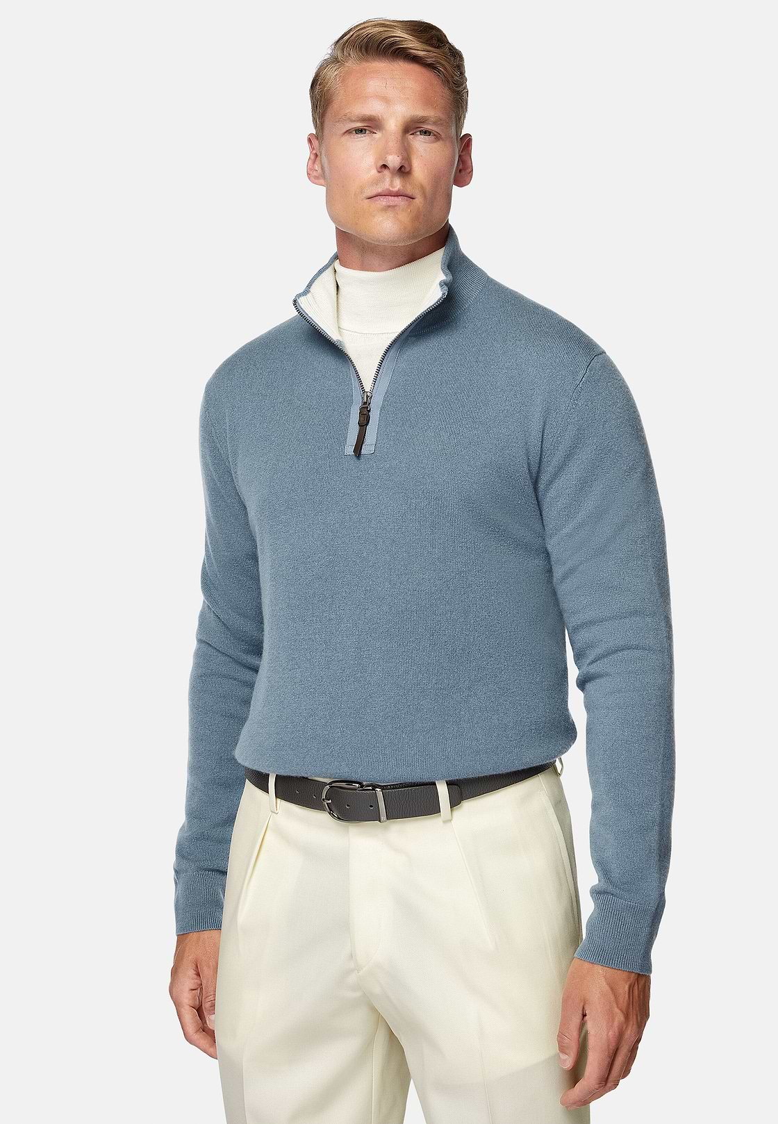 Indigo Cashmere Half Zip Jumper, Indigo, hi-res